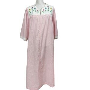 Stan Herman Striped Cotton Seersucker Robe Pink White Embroidered Flowers